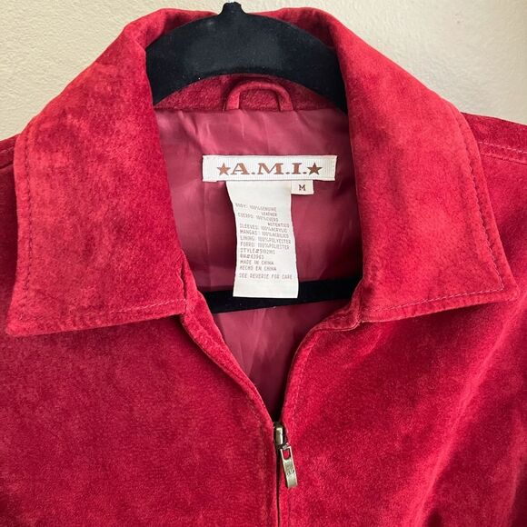 AMI vintage red suede jacket with acrylic sweater style sleeves - Picture 4 of 6